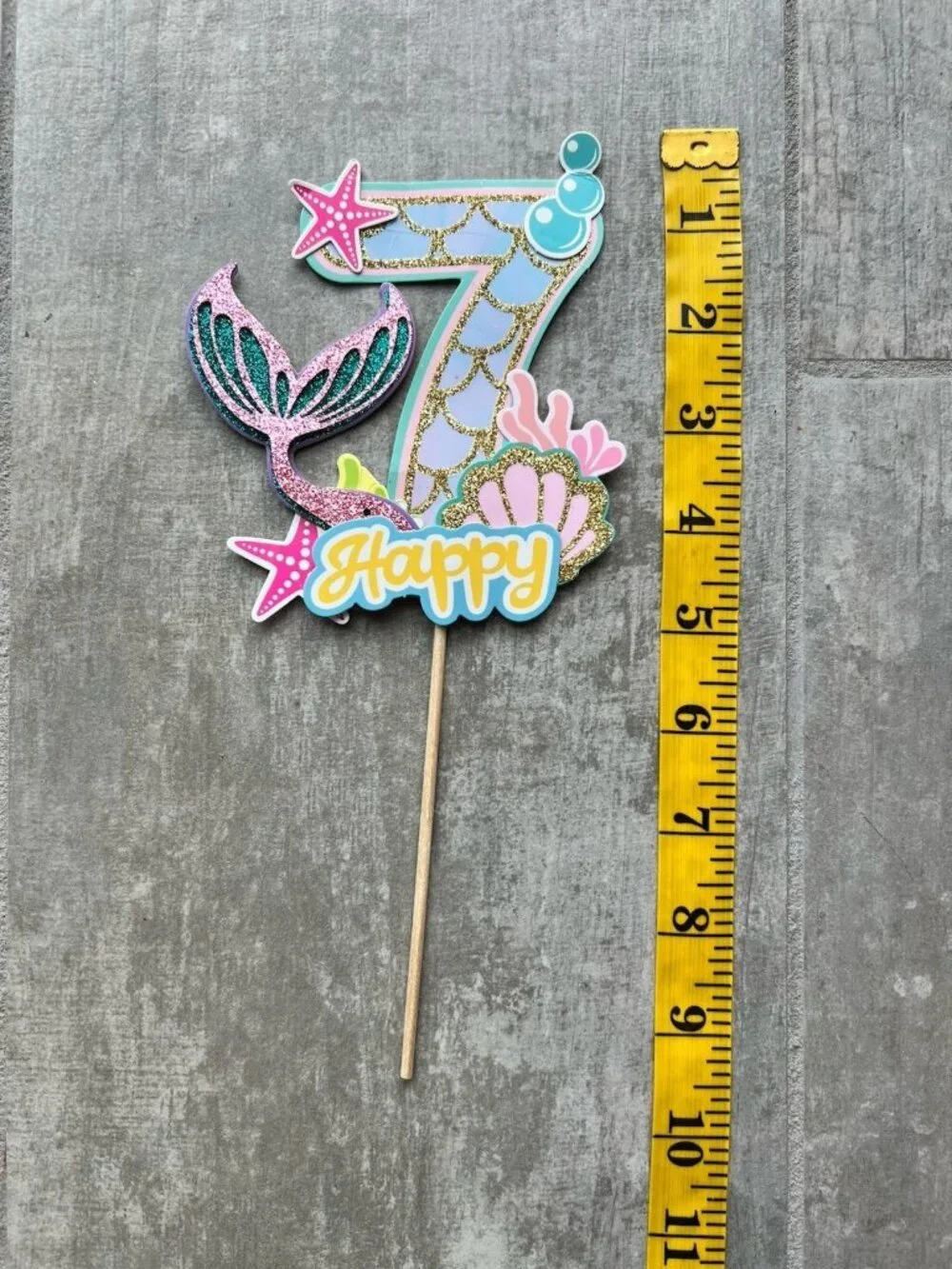 1 PCS Mermaid 7th Happy Birthday Cake Topper Glitter Decoration Party NEW
